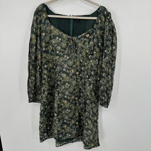J. Crew Smocked‎ Floral Print Long Sleeve Midi Dress Tie Size 22 Green Yellow